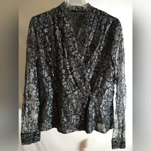 JONES NEW YORK COLLECTION SOIREE SILVER & BLACK LACE LONG SLEEVE BLOUSE NWT